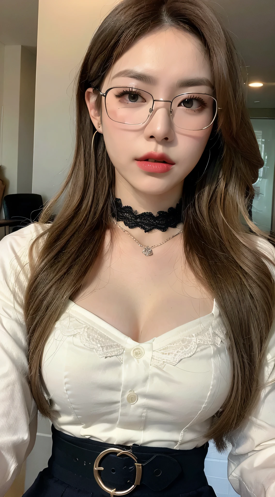 (best quality, high resolution, masterpiece :1.3), A tall woman、Beautiful woman, Lean abdominal muscles, Dark brown wavy hair, Chest,Lace,Set,Glasses,earphone, Wearing a Pendant, White Button-Down Shirt, belt, Black skirt, (modern architecture background), Exquisite details of face and skin texture, Exquisite eyes,God's eyes, Double eyelids,Exquisite makeup,(Dynamic Action:1)