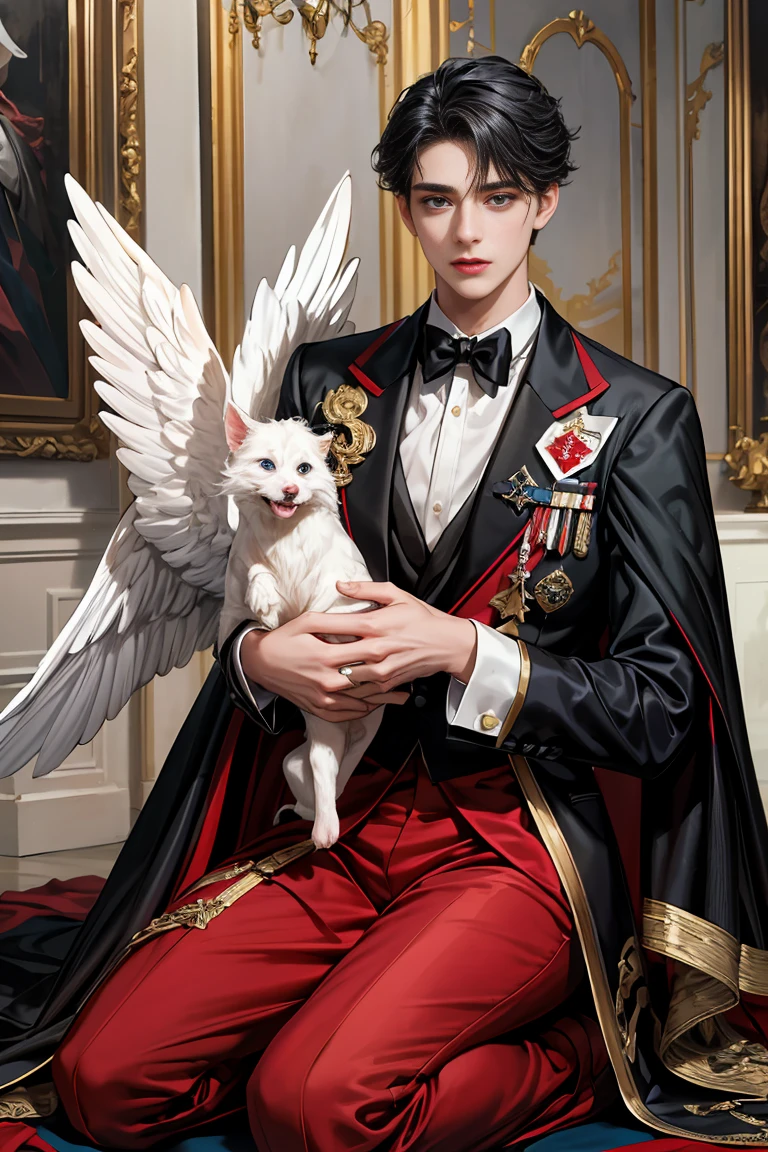 masterpiece, 最high quality, high quality, 1 boy, alone, Male focus, Watching the audience, Messy black hair, blue adorable big eyes, White, Noble, Noble, Beautiful angel、Tuxedo、A very large, very large, very large, very long red and black cape with a large stand-up collar that reaches down to the floor and is made of a lot of fabric., ,cute beautiful boy,cute cute handsome boy