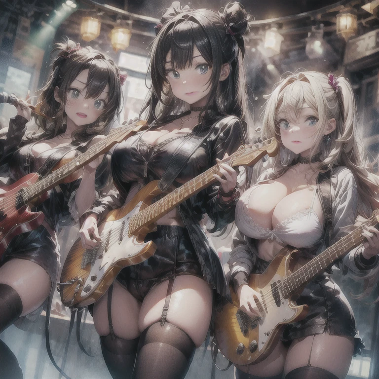 Three Girls, length, Electric guitar, focus, (Depth of written boundary, Ambient Lighting, band、Blurred foreground, Blurred Background:1.3), atmosphere, Flares of light, Intricate details, Enhanced lighting、smile、On stage with the audience、Portrait、Yellow Jacket、Black shorts、Camel Toe、Giant tit、Nipple Puffs、Cleavage、Plump、Super big breasts、Super big butt、Cowboy Shot、Earrings、Earrings、necklace、Thick lips、Heterochromia、Bracelet、Caster wheel、first round、Hair Charm、Lip gloss、fiery hair、Burning Eyes、Holding a guitar、Stand microphone