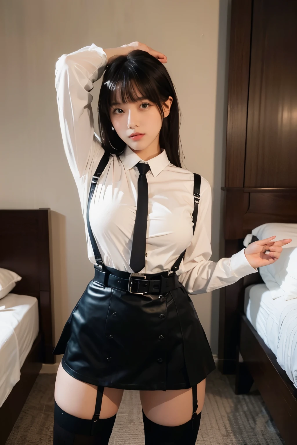 　　suspenders　　　Large swollen breasts　　 　 　　　　Black mini skirt　garter belt　Knee-high socks　　　　　　　bangs 　　　　　Beauty　　Hands up　　 　　Black boots 　Taunt　　　one person 　　　Dress shirt　　　Hands Behind Back　put your hands behind your back　　With your hands behind your back　Armament　holster　　A room at the Belt Hotel　Bed