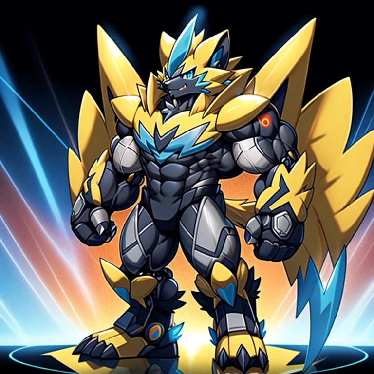 (Pokémon) Zeraora's giant robot.
Gigantic ZERAORA,
GIANT.
Protecting Zeraora's design and color scheme.
wears a black cloak on his back.
whole body shines like metal.
Wearing cyberpunk mecha, emphasizes the muscles.
He wears the same armor as himself from head to foot. (emphasizes the muscles.)
suit fully made of metal,
intricate armor, Robotic suit, suit fully made of metal, cyborg,
big muscle.
pecs, triceps,
body full of huge muscles.
unusually developed muscular body,
A Zeraora at the bodybuilding competition,
massive,
huge muscular bodybuilder with extraordinary biceps, pecs, triceps, traps, gigachad, 300 lbs.
The claws are sharp, Sharp teeth,
with huge golden laser sword,
metallic eagle shaped wings,
Metal wings on the back, It has four arms.
