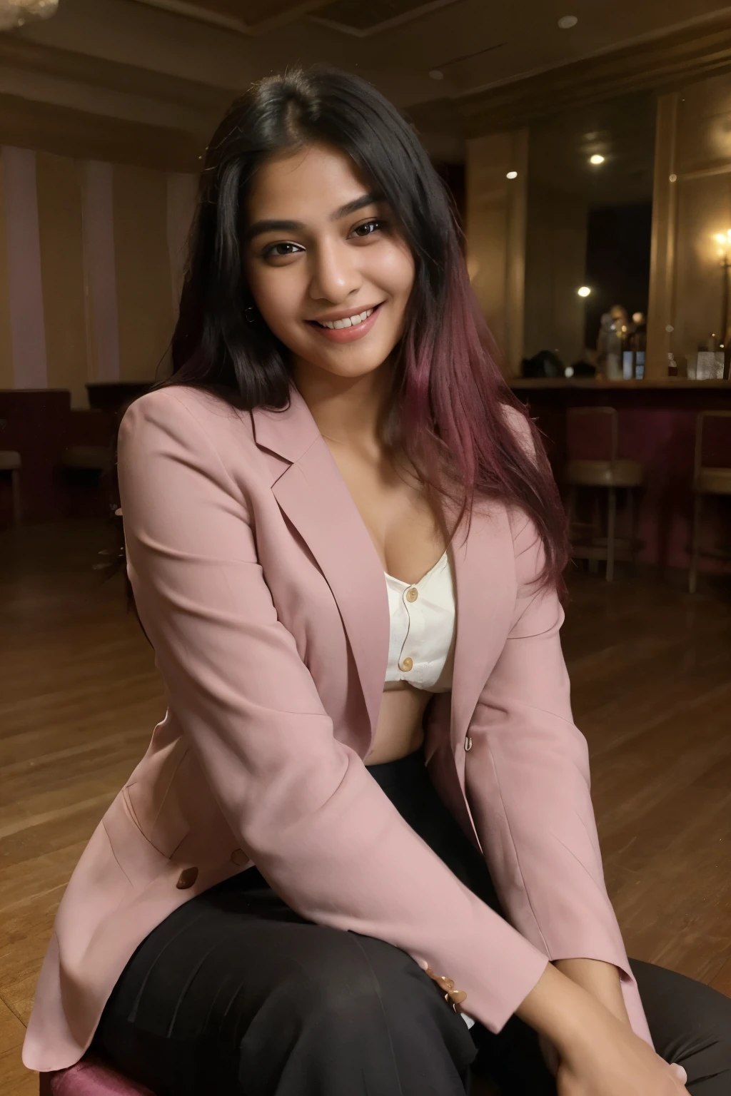 ((best quality)), ((masterpiece)), (detailed), perfect face, Indian girl, black hair, wearing suit, smiling, hyper realistic, sitting in a club iphone shot, fair complexion, pink hair, realistic