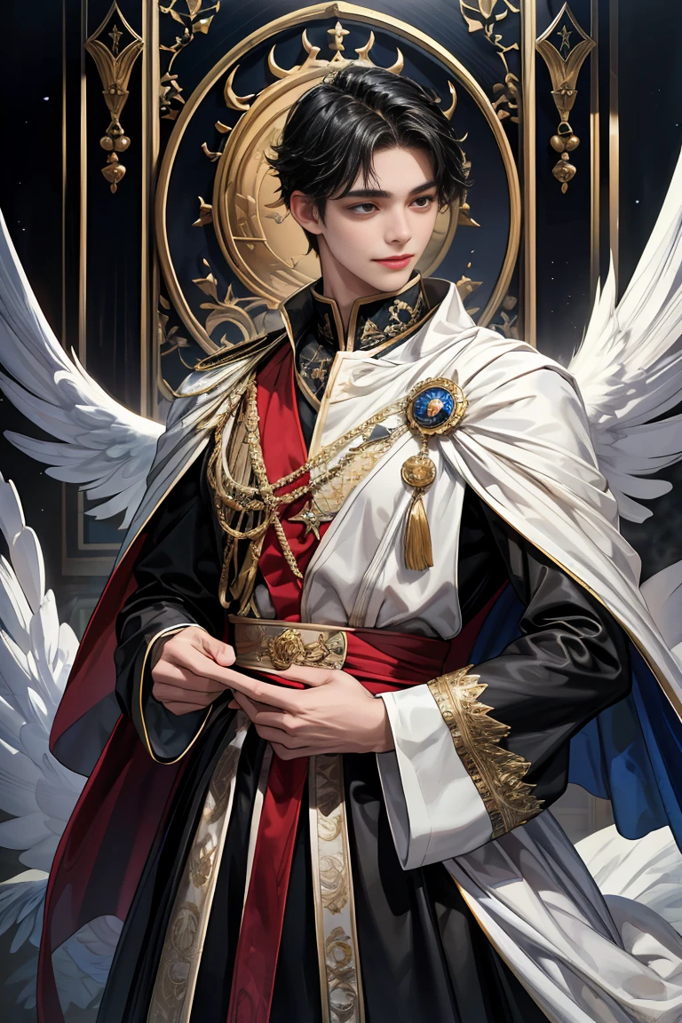 masterpiece, 最high quality, high quality, 1 boy, alone, Male focus, Watching the audience, Messy black hair, blue adorable big eyes, White, Noble, Noble, Beautiful angel、Big Feather、A very large, very large, very large, very long red and black cape with a large stand-up collar that reaches down to the floor and is made of a lot of fabric., ,cute beautiful boy,A cute, handsome man with a gentle smile