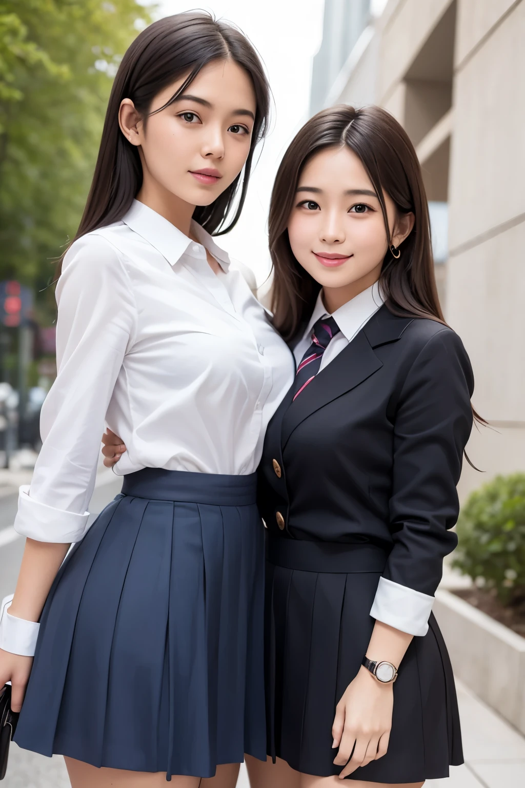 Girl and girl, ((uniform)), blouse, lifts skirt, light smile, outdoors,