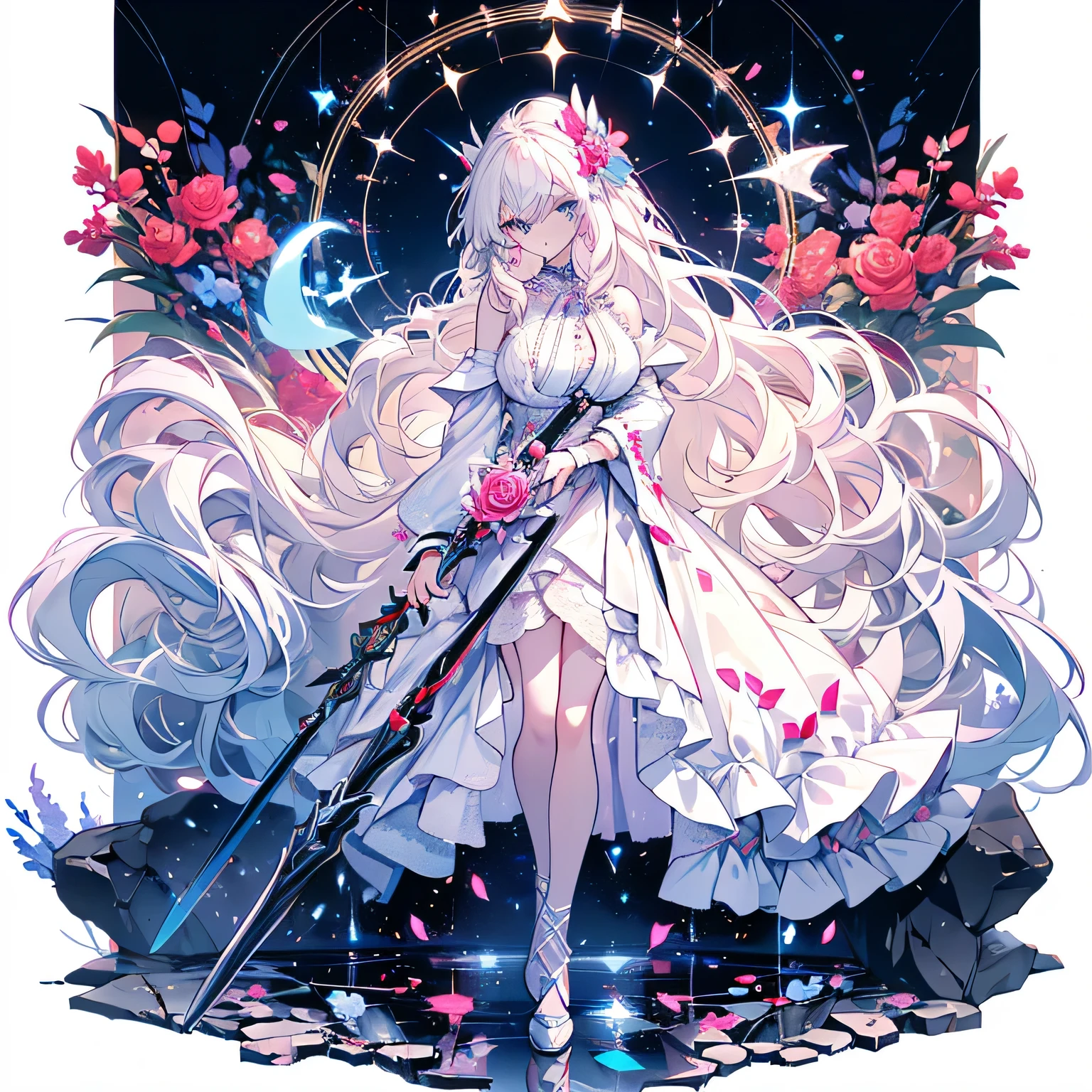 long wavy pale lavender and pale blue under the hairlines hair,two long wavy sides bangs behind, pale lavender eyelashes pale blue eyes color,long fluffy wavy hair, white bow tied behind her hair, wearing a white off-the-shoulder blouse and a cloak at her shoulder,pale lavender puffy skirt, white lace fingerless glove, white high heels, hair details , average breast , beautiful background, clothes details, adult woman,red lips, flowers on her hair, holding a magic staff, background details, celestial dress, full body, perfect image, perfect face,body,clear image 