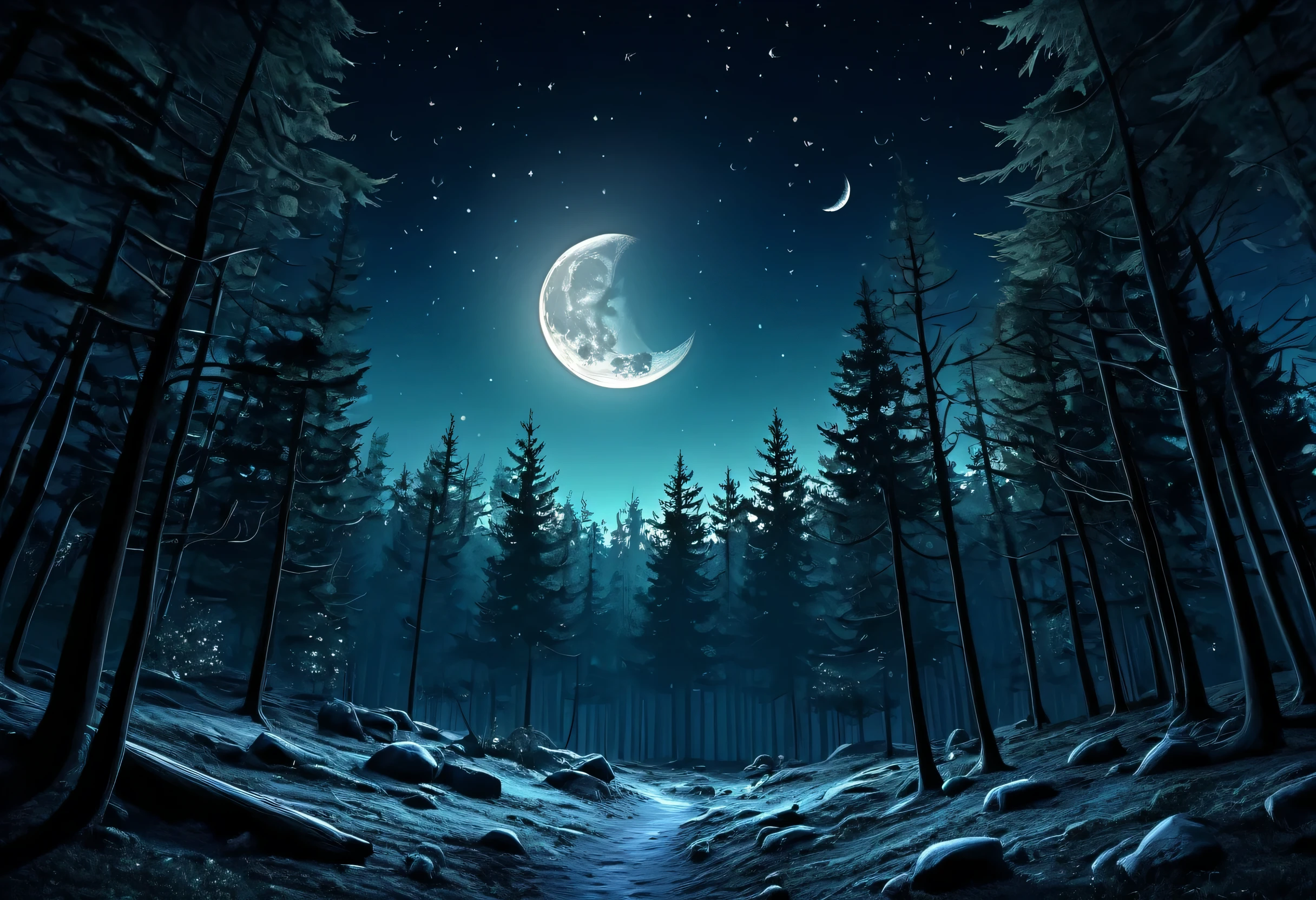 There is a picture of the moon and a crescent moon in the sky, forest and moon, an image of a Moonlight Forest, Natural scenery at night, Background crescent moon, Dreamy atmosphere of a moonlit night, Moonlight Background, Moonlight Forest, quiet forest night scene, Moonlight Forest environment, beautiful moonlight night, Matte Digital Painting, Night Forest