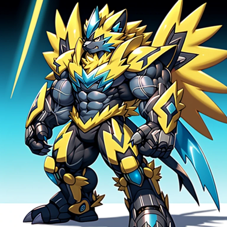 (Pokémon) Zeraora's giant robot.
Gigantic ZERAORA,
GIANT.
Protecting Zeraora's design and color scheme.

wears a black cloak on his back.

whole body shines like metal.
Wearing cyberpunk mecha, emphasizes the muscles.
He wears the same armor as himself from head to foot. (emphasizes the muscles.)
suit fully made of metal,
intricate armor, Robotic suit, suit fully made of metal, cyborg,

big muscle.
pecs, triceps,
body full of huge muscles.
unusually developed muscular body,
A Zeraora at the bodybuilding competition,
massive,
huge muscular bodybuilder with extraordinary biceps, pecs, triceps, traps, gigachad, 300 lbs.

The claws are sharp, Sharp teeth,
with huge golden laser sword,

metallic eagle shaped wings,
Metal wings on the back, It has four arms.