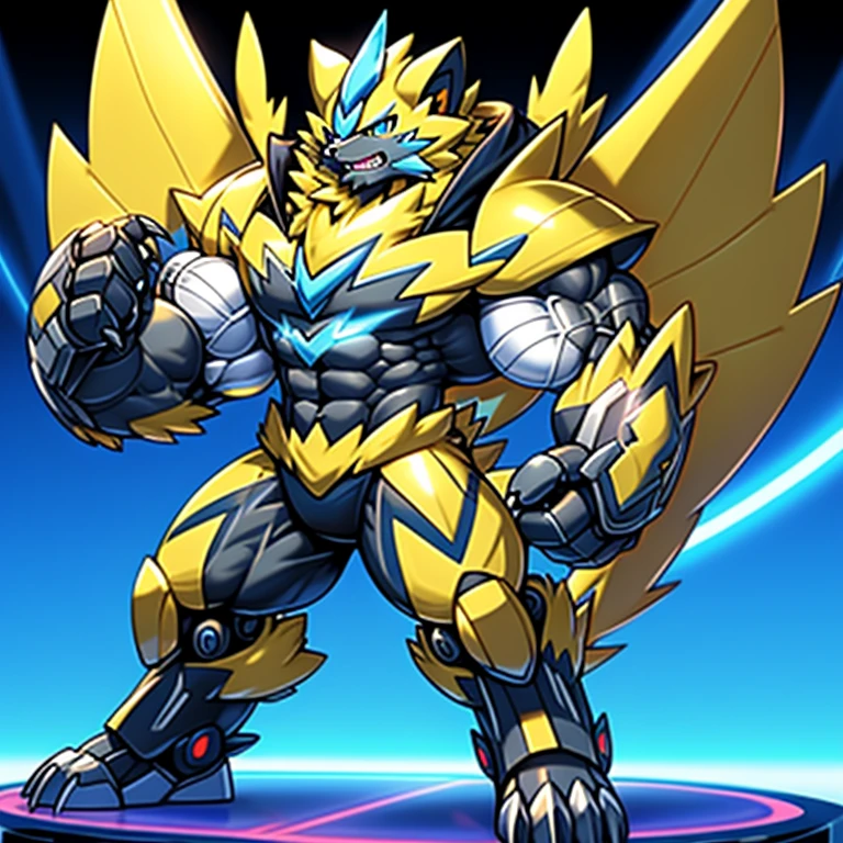 (Pokémon) Zeraora's giant robot.
Gigantic ZERAORA,
GIANT.
Protecting Zeraora's design and color scheme.
wears a black cloak on his back.
whole body shines like metal.
Wearing cyberpunk mecha, emphasizes the muscles.
He wears the same armor as himself from head to foot. (emphasizes the muscles.)
suit fully made of metal,
intricate armor, Robotic suit, suit fully made of metal, cyborg,
big muscle.
pecs, triceps,
body full of huge muscles.
unusually developed muscular body,
A Zeraora at the bodybuilding competition,
massive,
huge muscular bodybuilder with extraordinary biceps, pecs, triceps, traps, gigachad, 300 lbs.
The claws are sharp, Sharp teeth,
with huge golden laser sword,
metallic eagle shaped wings,
Metal wings on the back, It has four arms.