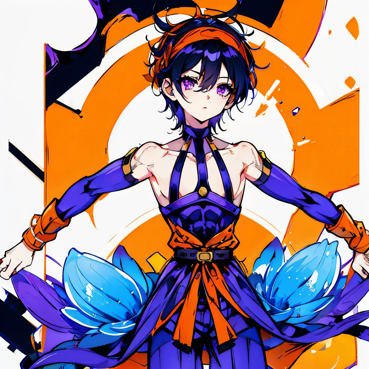 boy、Slim body、Anatomically correct、Eyebrows、Narancha、Purple Eyes、orange,short hair,iris,Black Hair,A light smile, choker,Wristband,head band,belt,,Wristband,Under the pants,長いorange色のチェック柄サロン, (masterpiece:1.2),(highest quality:1.2),Pixiv