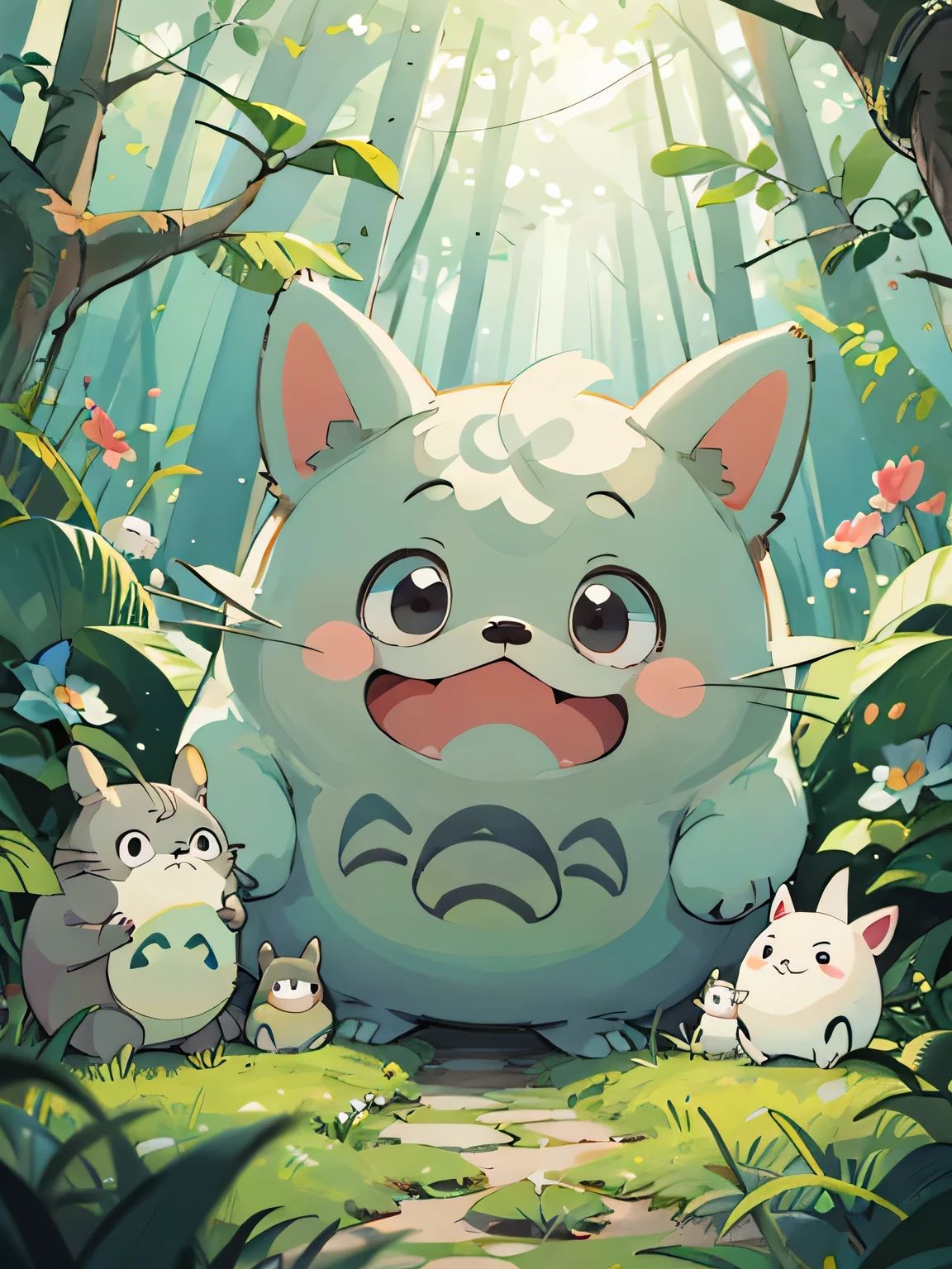 My Neighbor Totoro Style, Kawaii Design, most beautiful girl ever、Chibi, Colorful bob hair、((Lots of friends))、Totoro Forest