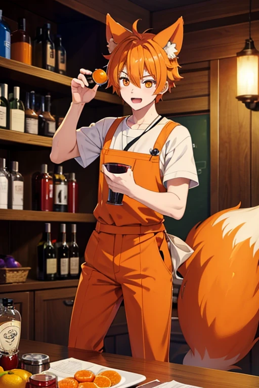an orange haired male student with orange eyes and orange fox ears and an orange fox tail in a magical is making a potion.