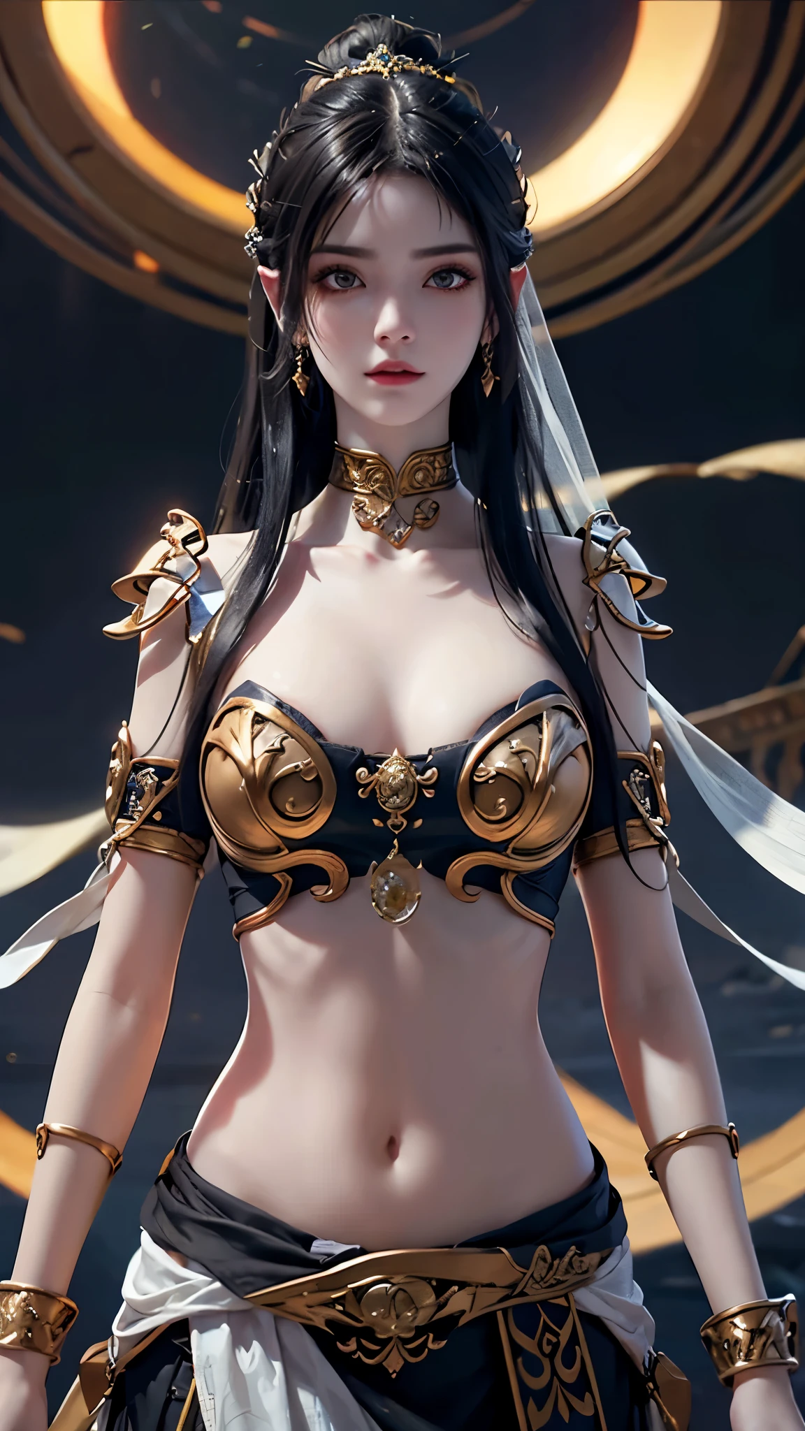 Bust photo，a  beautiful female，messy  hair，teens girl，Symmetrical bun，hair adornments，jewelry，The face is delicate，eye shadows，Delicate black top，cropped shoulders，Crop topping，showing belly，Dunhuang style，Lots of streamers，Fine fine skin，Soft light effects，Delicate and smooth hair，exquisite detailing，Eye highlights，Fair skin，Fine portrayal，Ultimate detail，Cinematic quality，being thin，slenderness，Fragmentation，hair detail，Thin bangs，Shawl hair，Correct bodies，shadowing，Air bangs，8K，Super meticulous，Fine fabric texture，softness，complaisant，Smooth texture，Dunhuang style，Delicate pattern，Correct hand drawing，smile, tsurime, Surrealism, ray tracing, UHD, high details, super detail, highres, 8k, high quality, high details, textured skin, ccurate