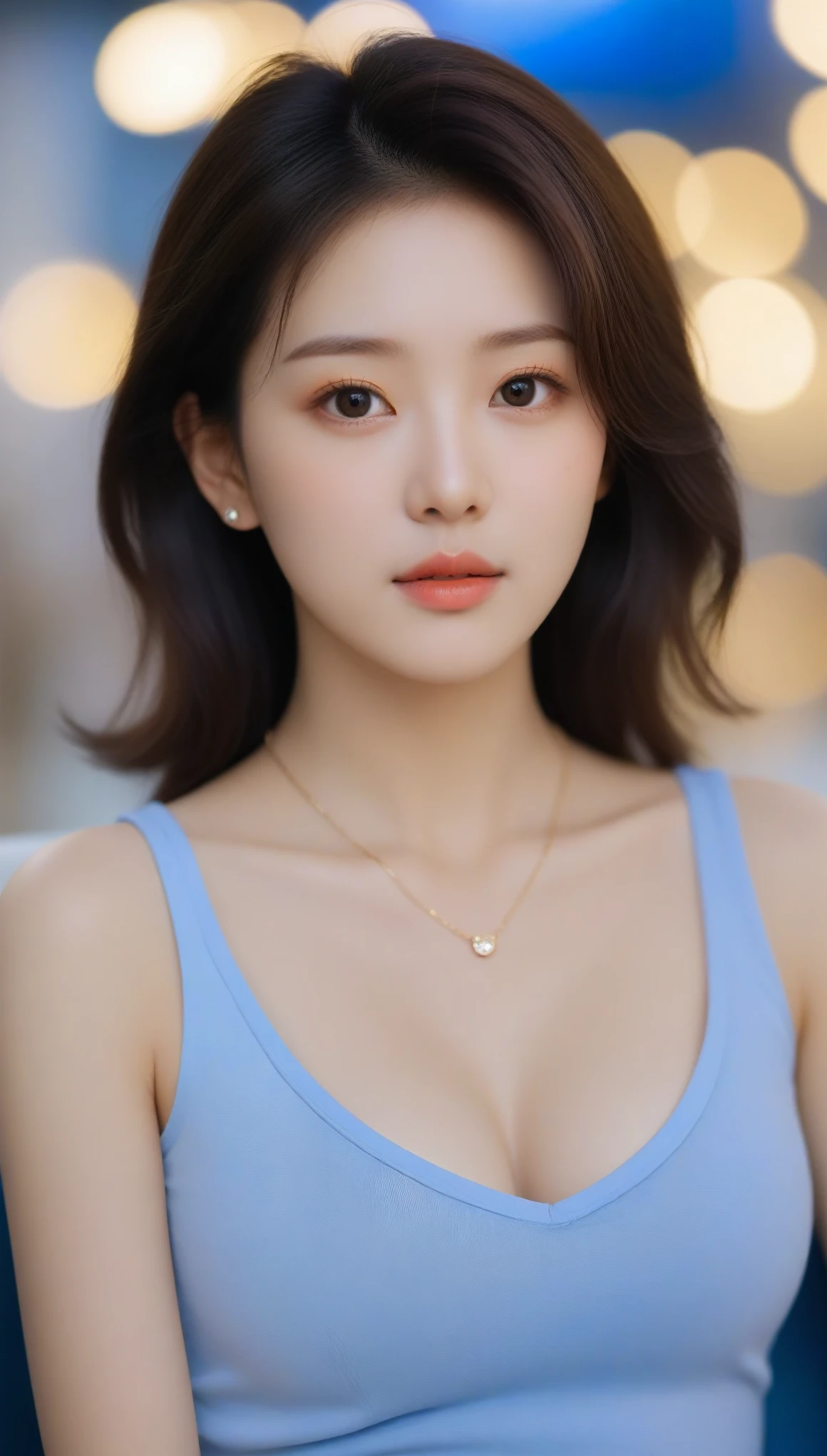 close-up of beautiful korean female, 34 inch breasts size, wearing tank top, necklace, sitting on the blue sofa, bokeh background, UHD