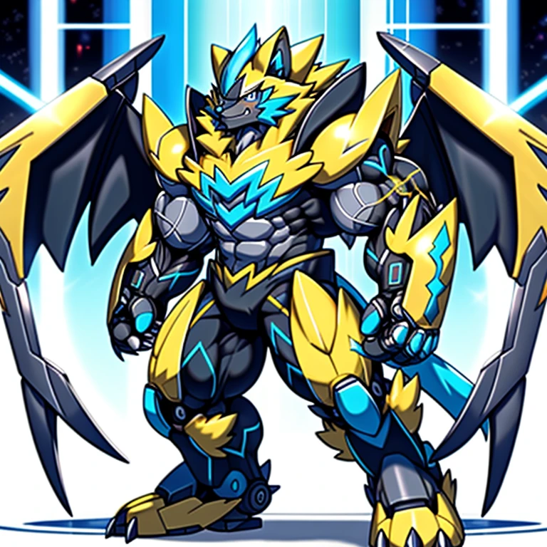 (Pokémon) Zeraora's giant robot.
Gigantic ZERAORA,
GIANT.
Protecting Zeraora's design and color scheme.

wears a black cloak on his back.

whole body shines like metal.
Wearing cyberpunk mecha, emphasizes the muscles.
He wears the same armor as himself from head to foot. (emphasizes the muscles.)
suit fully made of metal,
intricate armor, Robotic suit, suit fully made of metal, cyborg,

big muscle.
pecs, triceps,
body full of huge muscles.
unusually developed muscular body,
A Zeraora at the bodybuilding competition,
massive,
huge muscular bodybuilder with extraordinary biceps, pecs, triceps, traps, gigachad, 300 lbs.

The claws are sharp, Sharp teeth,
with huge golden laser sword,

metallic eagle shaped wings,
Metal wings on the back, It has four arms.