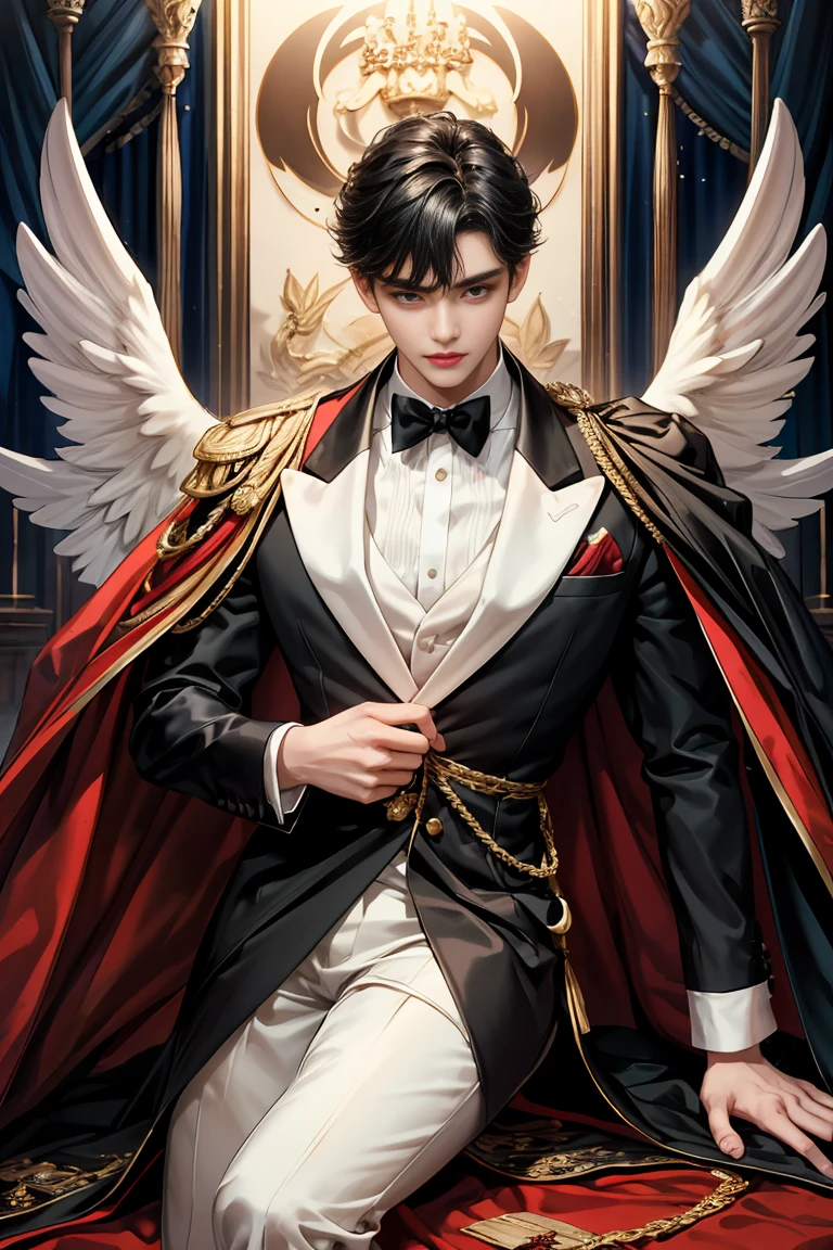 
masterpiece, 最high quality, high quality, 1 boy, alone, Male focus, Watching the audience,  Messy black hair, blue adorable big eyes, White, Noble, Noble, Beautiful angel、Tuxedo、A very large, very large, very large, very long red and black cape with a large stand-up collar that reaches down to the floor and is made of a lot of fabric., 16 years old,cute beautiful boy,cute cute handsome boy