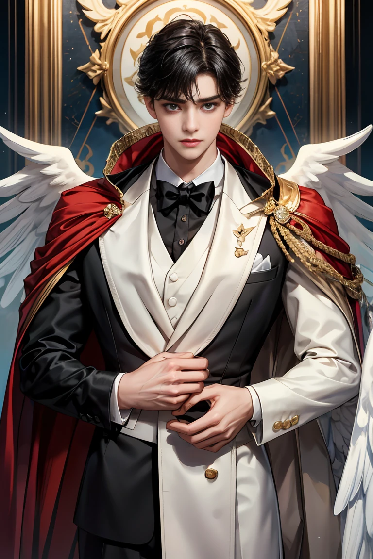 masterpiece, 最high quality, high quality, 1 boy, alone, Male focus, Watching the audience, Messy black hair, blue adorable big eyes, White, Noble, Noble, Beautiful angel、Tuxedo、A very large, very large, very large, very long red and black cape with a large stand-up collar that reaches down to the floor and is made of a lot of fabric., ,cute beautiful boy,cute cute handsome boy