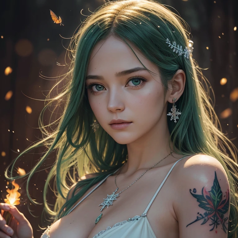 Realistic, High resolution, soft Light,1 Female, alone, Hip Up, (Detailed face), we \(one piece\), tattoo, jewelry,length_hair, fire Fly, Light_particle, loose_wood, Snowflake_background, Milky_method, aerial photograph_firework, Head ornament, Put your arms behind your body, green_eye, knife