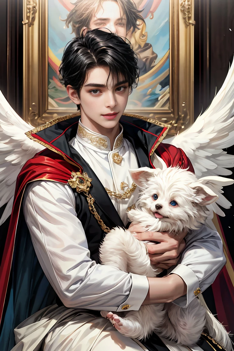 masterpiece, 最high quality, high quality, 1 boy, alone, Male focus, Watching the audience, Messy black hair, blue adorable big eyes, White, Noble, Noble, Beautiful angel、A very big, very big, very big, very long, long red and black cape made with a lot of fabric that reaches all the way down to the floor, ,cute beautiful boy,Cute, cute, handsome boy with a gentle smile