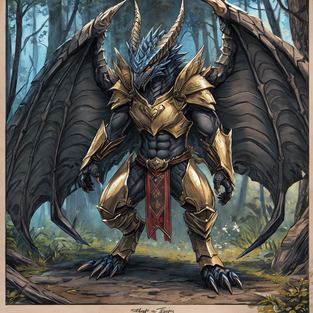 Bahamut warrior,comic book style, illustration, solo, ferocious, male, [[proud pose]],, masterpiece, best art, armor, full body, digitigrade, by tatujapa, forest background, abs, loincloth