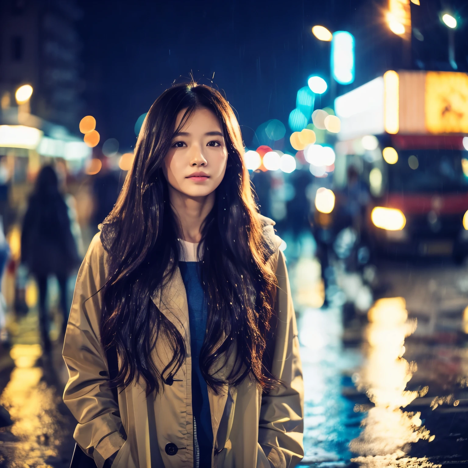 rain,美丽的Long Hair年轻女子撑着伞走在街上,Long Hair,Busy Street,Bright lights,night,Rainy Night,