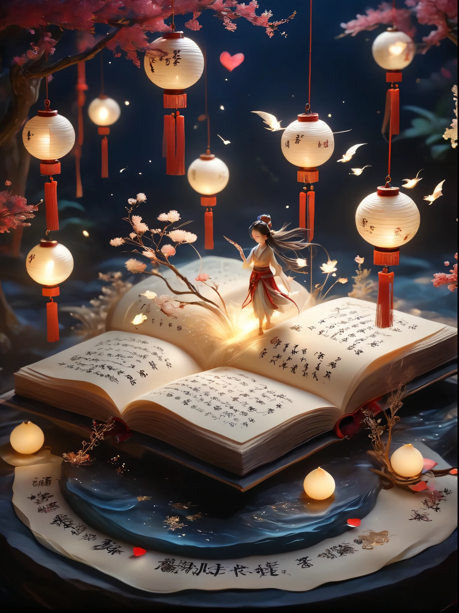 Three-dimensional ancient style,Romantic ancient style,Dark night shimmer,Elegant and simple,3 tiny people,Macro Photography,Suspension,Rolled up rice paper filled with calligraphy,High Angle Shot,Depth of Field,Bioluminescence,Chen Jia Leng,Quiet atmosphere,Fantastic,Exquisite details,Graphic illustration,Fluorescent Color,Anime Characters,Backlight,The book is very busy and the heart is shining,Beige tones,Concept Design,Decorative illustrations,Rich,Micro Rendering,Movie Light