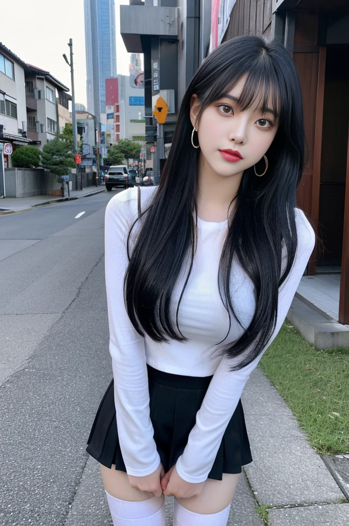 cyber punk, highest quality, masterpiece, shape, Realistic, photo-Realistic, wonderful, finely, Very detailed, High resolution, Very detailed, unity 8k wallpaper, Full body shot of a beautiful young woman with Korean-style features resembling a popular actress, Blouse, Solid Mini Skirt, Knee high socks, (Very small breasts), thin, She has pink and bluish eyeshadow, bangs, Black Hair, Long Hair, head, and arms. Standing and looking at me, looking up, Japanese residential area, Narrow eyes, 細長い目のshape, Three white eyes, Confident expression, Evil look, Very slender and beautiful legs, Beautiful and thin thighs, Earrings,