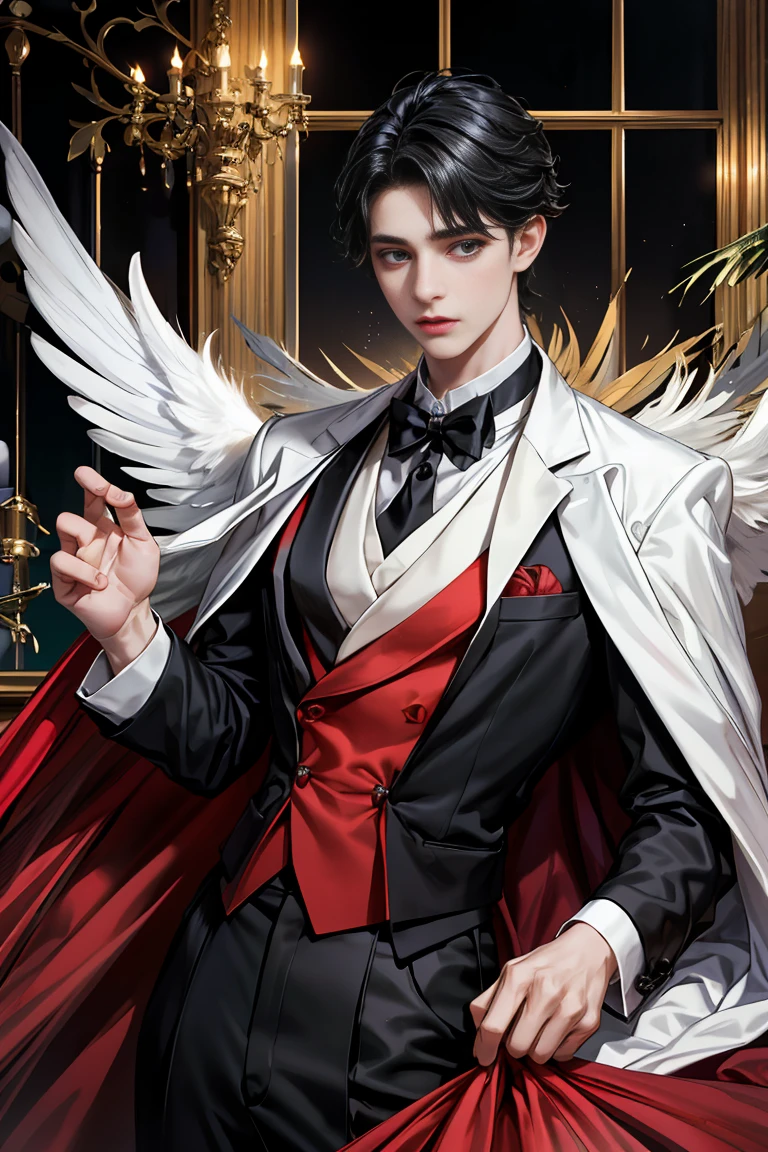masterpiece, 最high quality, high quality, 1 boy, alone, Male focus, Watching the audience, Messy black hair, blue adorable big eyes, White, Noble, Noble, Beautiful angel、Big Feather、He was wearing a tuxedo with a really big stand-up collar and a really big, really long red and black cape made of a lot of fabric that reached down to the floor longer than his height., 17 years old,cute beautiful boy,cute cute handsome boy
