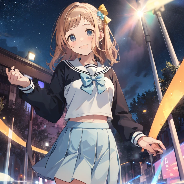  (Idol Master), (highest quality, 8k, masterpiece, Very detailed:1.4), (Lens flare, Particles of light, Shine), Big Breasts, smile, Open your mouth, masterpiece, highest quality, Very detailed, High resolution, Very detailedなCG, masterpiece, Official Art, From below, Light blue bow tie, Sailor suit, Black long sleeve, Check skirt, Light blue skirt,  Perfect body,  Are standing, School