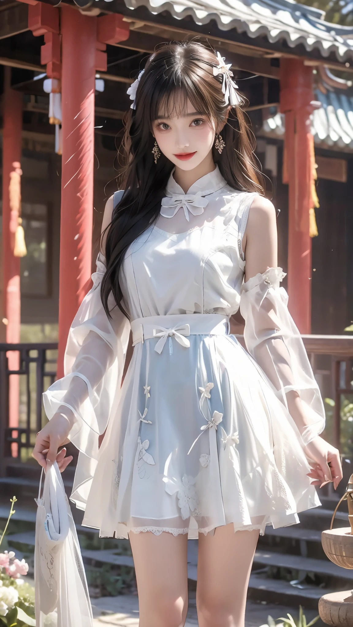 Super detailed, beauty, Madoka Higuchi, (smile), dynamic, ((slender, slender, shy, embarrassed)), tight white stockings, ((skin dents)), cyb dress, chinese clothes, detached collar, clothing cutout, wide sleeves, see-through sleeves, tassel，ruined temple, deep scene, erotic pose, (legs put at the back), solo,