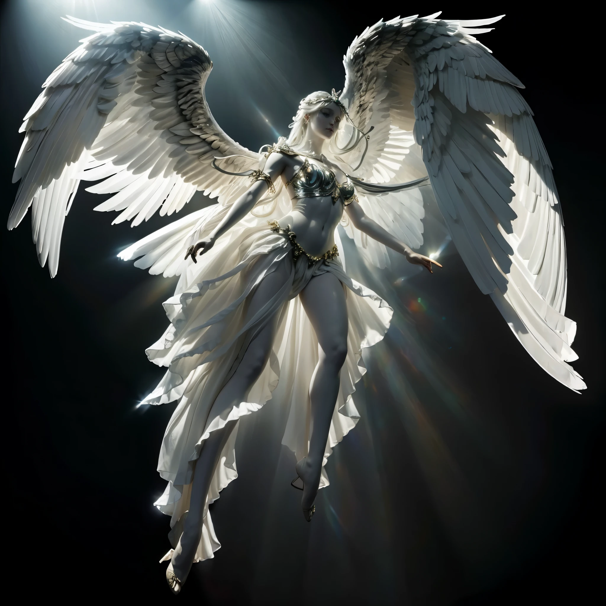 white bright glowing angel on black background, flying pose, beautiful woman angel, ascending, very big wings, giantic angel wings, closeup angel wings, angel is light source, over exposured angel, masterpiece photo, photorealism, detailed angel wings