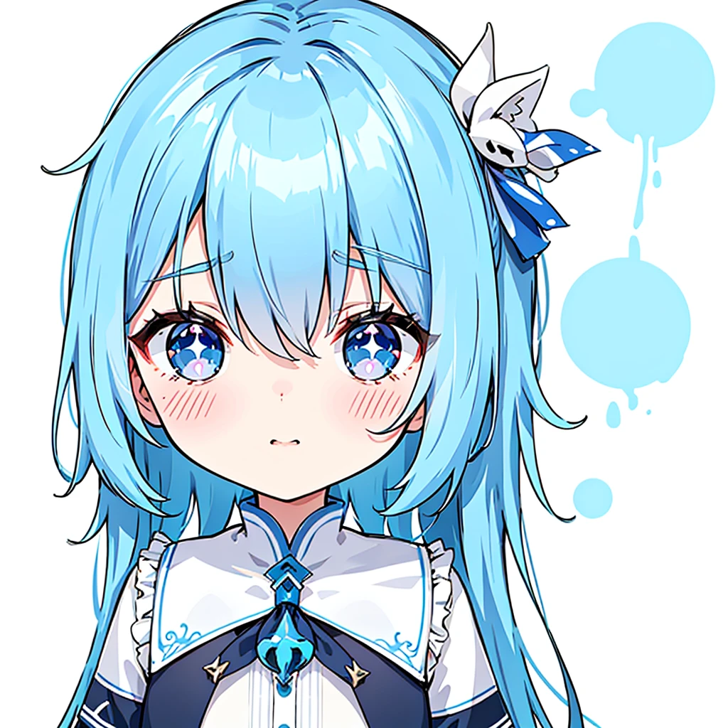 vtuber-halfbody、Bangs shorter than eyebrowasterpiece、Best Quality、Best illustrations、Super detailed、Upper Body、solo、1 girl、looking at the camera、upright、Arms at your sides、Beautiful detailed eyes、Concept Art、from the front、White background、Simple Background、Droopy eyes and big eyes、Super detailedな眼、Sparkling eyeilky white and blue gradient long hair、Short sleeve、water colored pencils、kind face、blush、Virtual YouTuber、