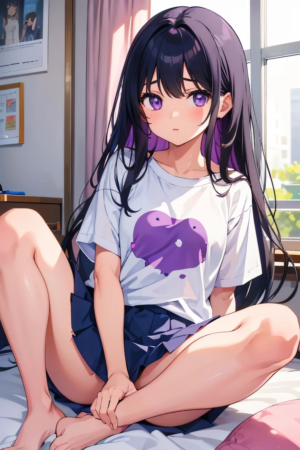 Girl's Room 8-year-old Elementary school girl Flat Chest Black Hair Long Hair Purple Eyes 1 person White T-shirt on upper body Navy blue mini skirt ((White panties are visible)) Sitting Dynamic Angle Low - Angle