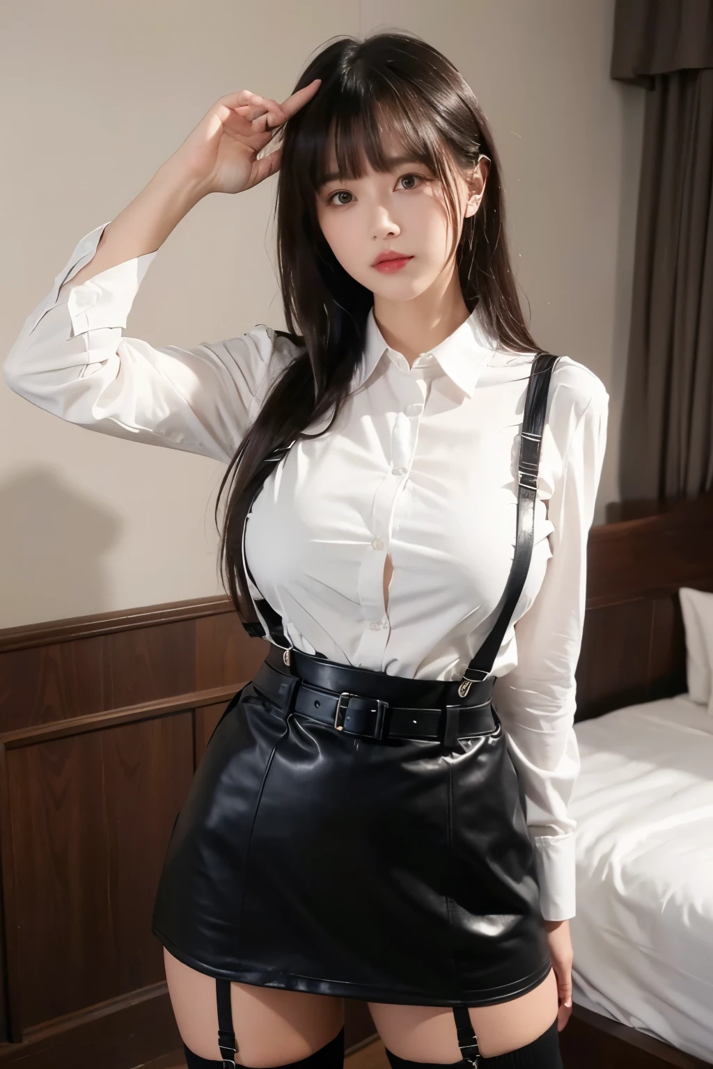 　　suspenders　　　Large swollen breasts　　 　 　　　　Black mini skirt　garter belt　Knee-high socks　　　　　　　bangs 　　　　　Beauty　　Hands up　　 　　Black boots 　Taunt　　　one person 　　　Dress shirt　　　Hands Behind Back　put your hands behind your back　　With your hands behind your back　Armament　holster　　A room at the Belt Hotel　Bed