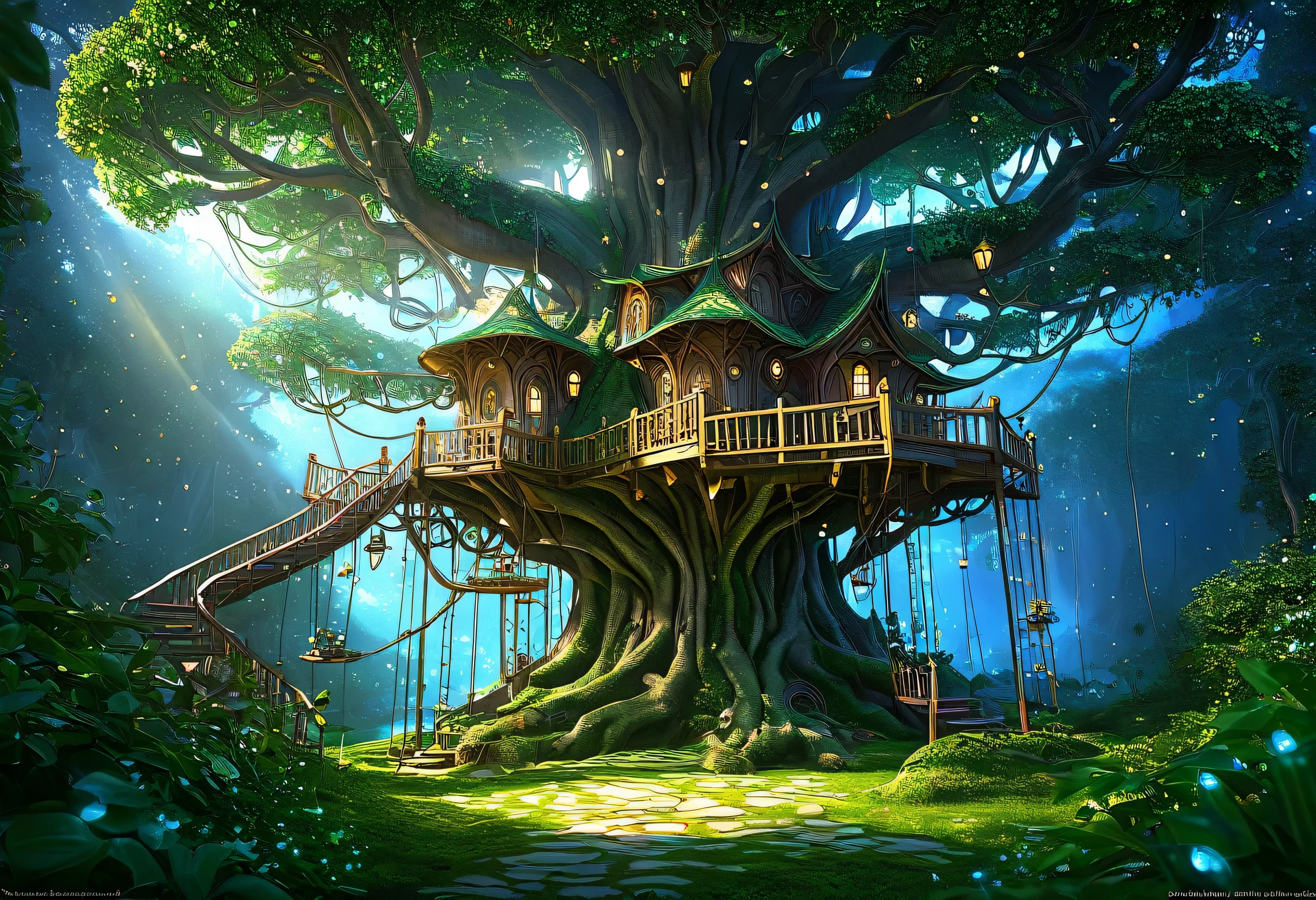 There is a tree house with lots of lights, Concept Art:Arthur Pang, Artstation Contest Winner, Fantasy art, enchanted magical fantasy forest, magical fantasy forest, Magic fantasy highly detailed, Magic fairy background, Enchanted and magical forest, Magic Background, Magical Environment, Magic Tree, So magical and dreamy, Magical forest background, Fantasy Tree, Fairey Palace