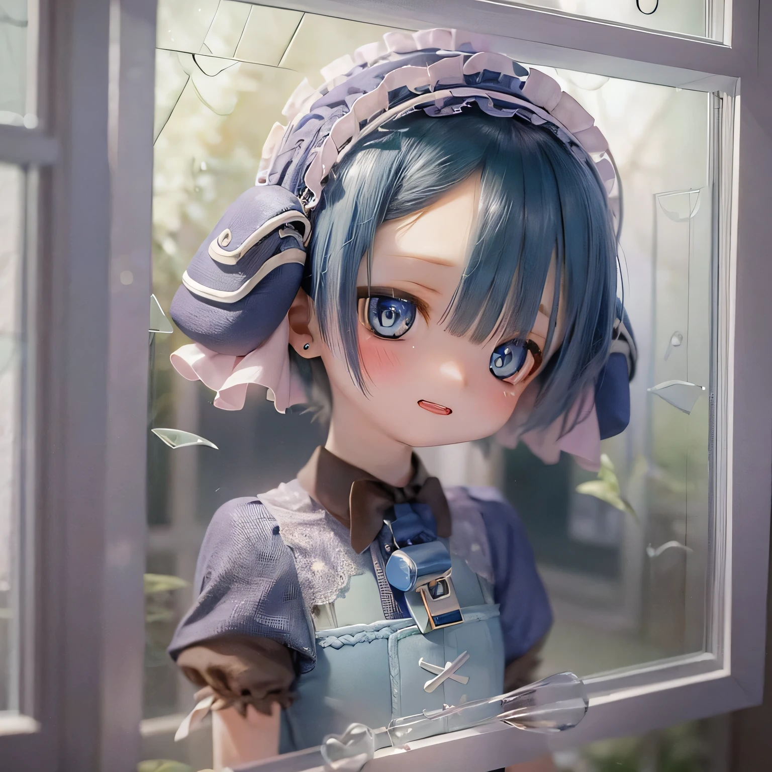 (highest quality, High resolution, masterpiece:1.2),Very detailed,Realistic:1.37,Marulk from Made in Abyss,(highest quality, High resolution, 4K, Very detailed, masterpiece:1.2), Realistic, High resolution, Vibrant colors, Sharp focus, Studio Lighting, Very detailed explanation, Professional, Portraiture, anime, Blue tones, Natural light, 10 year old girl, Blue curly hair, Flat Chest,, Innocent look, Delicate features, Long eyelashes, Expressive eyes, Rosy Cheeks, Soft lighting, Dreamy atmosphere, Whimsical backgrounds(((((((Wipe the window glass)))))))(((((whole body)))))casual
