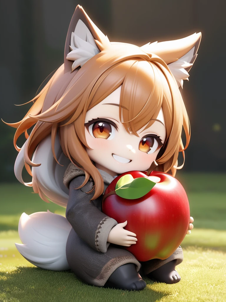 chibi, 3D figure, very cute and bautiful anime girl, Holo, (wolf-ears, fluffy-wolf-tail:2.5), (grin:3.0),solo, (head-to-body-ratio-is-one-to-four:5.0),(full body), photo of an figure, high quality photo, (holding the apple in the palm of hand:3.5),wheat field, (peace:3.5),cleary outlined, simple and flat background,(masterpiece:1.2), (best quality),(ultra detailed),(extremely detailed),(absolutely resolution) ,absurdres,8k, BREAK,(highly detailed face and eyes:3.5),(long hair, orange hair, red-eyes:3.5),(Clothing of medieval European villagers:5.5),(Intricate Iris Details,Depth and Dimension in the Pupils:2.5), 