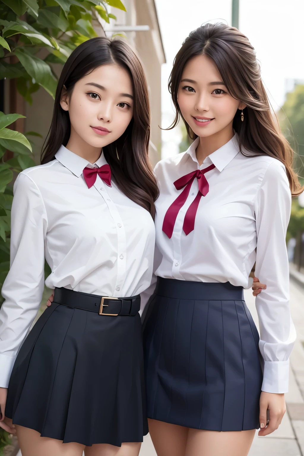 Girl and girl, ((uniform)), blouse, lifts skirt, light smile, outdoors,