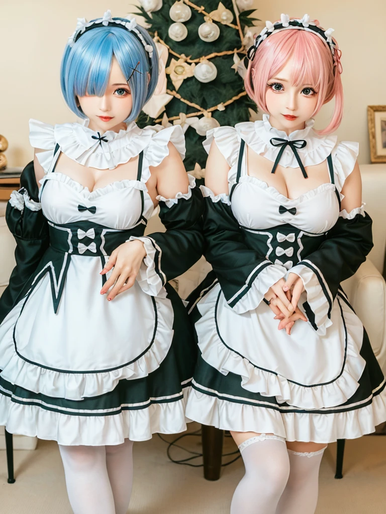 (8K, Photorealistic, Raw photo, of the highest quality: 1.3), (1girl in), Super beautiful, (Realistic face), (boyish, pink Color Berry Shorthair), Beautiful , Glare that captivates the viewer, Beautiful expression, Beautiful breasts, (Realistic skin), Be...Create a detailed and colorful image of Ram and Rem from Re:Zero, standing back-to-back in their maid outfits, with a magical fantasy background、14years old, two girls,cute, perfect face, beautiful, nice body, gothic lolita clothes, gothic lolita fashion, frilly skirt, headdress, necklace, bracelet, knee-high socks, boots, double eyelids, tear bags, Detailed down to the fingers, photo-like description, indoors, dim indoor lighting, one girl is pink hair and short bob, another girl is light blue hair and short bob,standing,whole body, composition that shows the whole body, smiling,The Both of them are wearing the same type of maid outfit,Optimal ratio of 4 fingers and 1 thumb