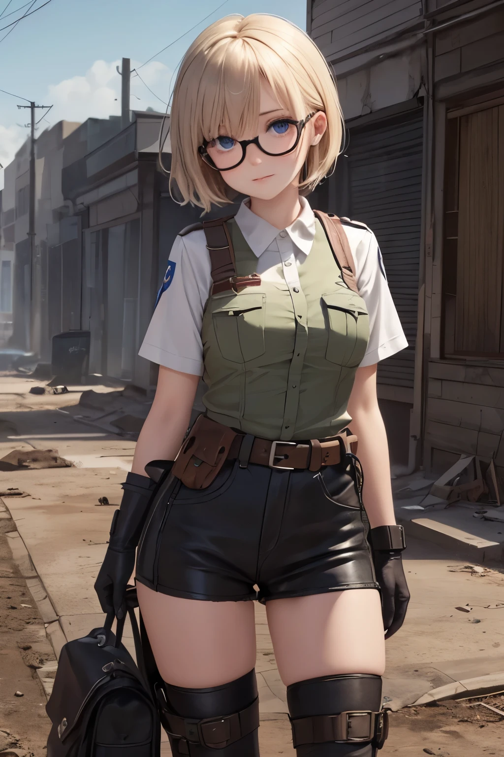 Wide angle, a pretty girl messenger, wearing large glasses, undercut hair, wearing postal uniform, in a post-apocalyptic world