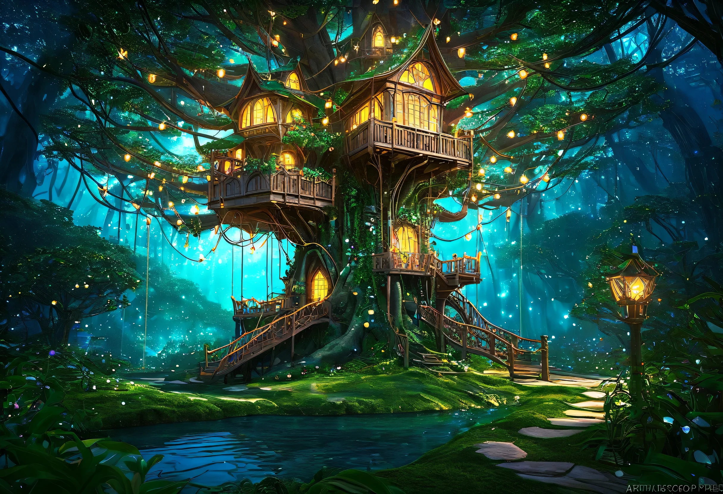 There is a tree house with lots of lights, Concept Art:Arthur Pang, Artstation Contest Winner, Fantasy art, enchanted magical fantasy forest, magical fantasy forest, Magic fantasy highly detailed, Magic fairy background, Enchanted and magical forest, Magic Background, Magical Environment, Magic Tree, So magical and dreamy, Magical forest background, Fantasy Tree, Fairey Palace