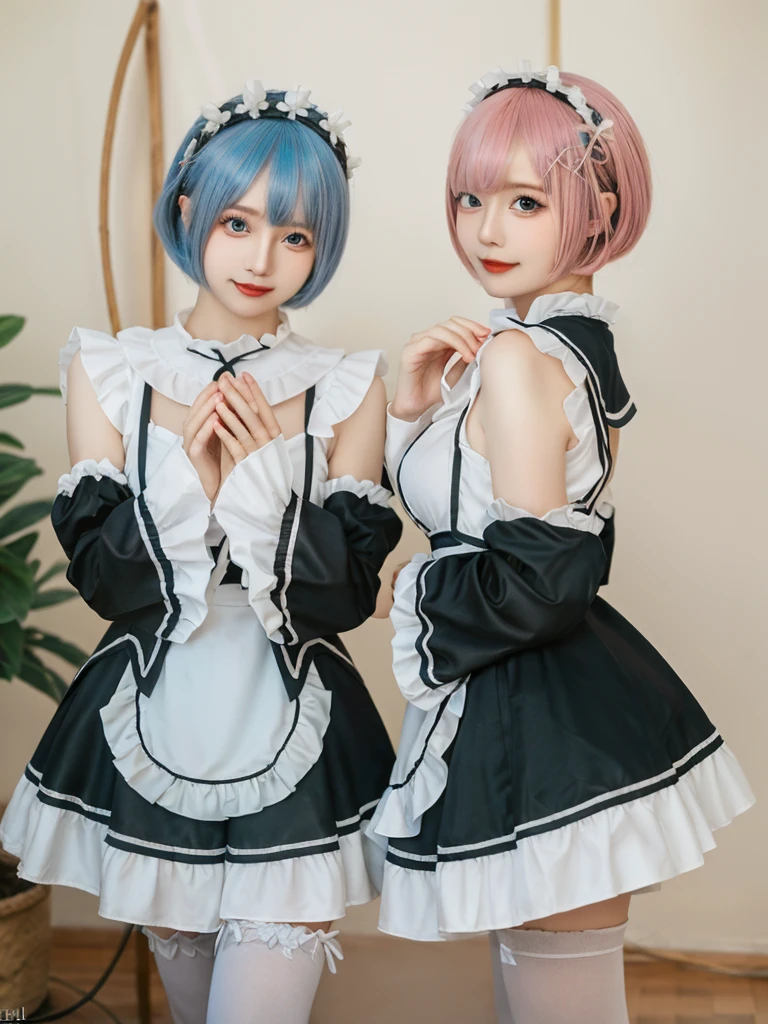 (8K, Photorealistic, Raw photo, of the highest quality: 1.3), (1girl in), Super beautiful, (Realistic face), (boyish, pink Color Berry Shorthair), Beautiful , Glare that captivates the viewer, Beautiful expression, Beautiful breasts, (Realistic skin), Be...Create a detailed and colorful image of Ram and Rem from Re:Zero, standing back-to-back in their maid outfits, with a magical fantasy background、14years old, two girls,cute, perfect face, beautiful, nice body, gothic ta clothes, gothic loliashion, frilly skirt, headdress, necklace, bracelet, knee-high socks, boots, double eyelids, tear bags, Detailed down to the fingers, photo-like description, indoors, dim indoor lighting, one girl is pink hair and short bob, another girl is light blue hair and short bob,standing,whole body, composition that shows the whole body, smiling,The Both of them are wearing the same type of maid outfit,Optimal ratio of 4 fingers and 1 thumb