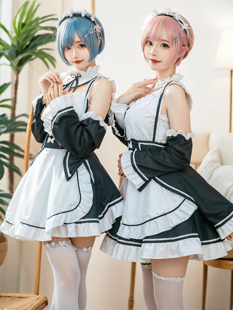 (8K, Photorealistic, Raw photo, of the highest quality: 1.3), (1girl in), Super beautiful, (Realistic face), (boyish, pink Color Berry Shorthair), Beautiful , Glare that captivates the viewer, Beautiful expression, Beautiful breasts, (Realistic skin), Be...Create a detailed and colorful image of Ram and Rem from Re:Zero, standing back-to-back in their maid outfits, with a magical fantasy background、14years old, two girls,cute, perfect face, beautiful, nice body, gothic lolita clothes, gothic lolita fashion, frilly skirt, headdress, necklace, bracelet, knee-high socks, boots, double eyelids, tear bags, Detailed down to the fingers, photo-like description, indoors, dim indoor lighting, one girl is pink hair and short bob, another girl is light blue hair and short bob,standing,whole body, composition that shows the whole body, smiling,The Both of them are wearing the same type of maid outfit,Optimal ratio of 4 fingers and 1 thumb