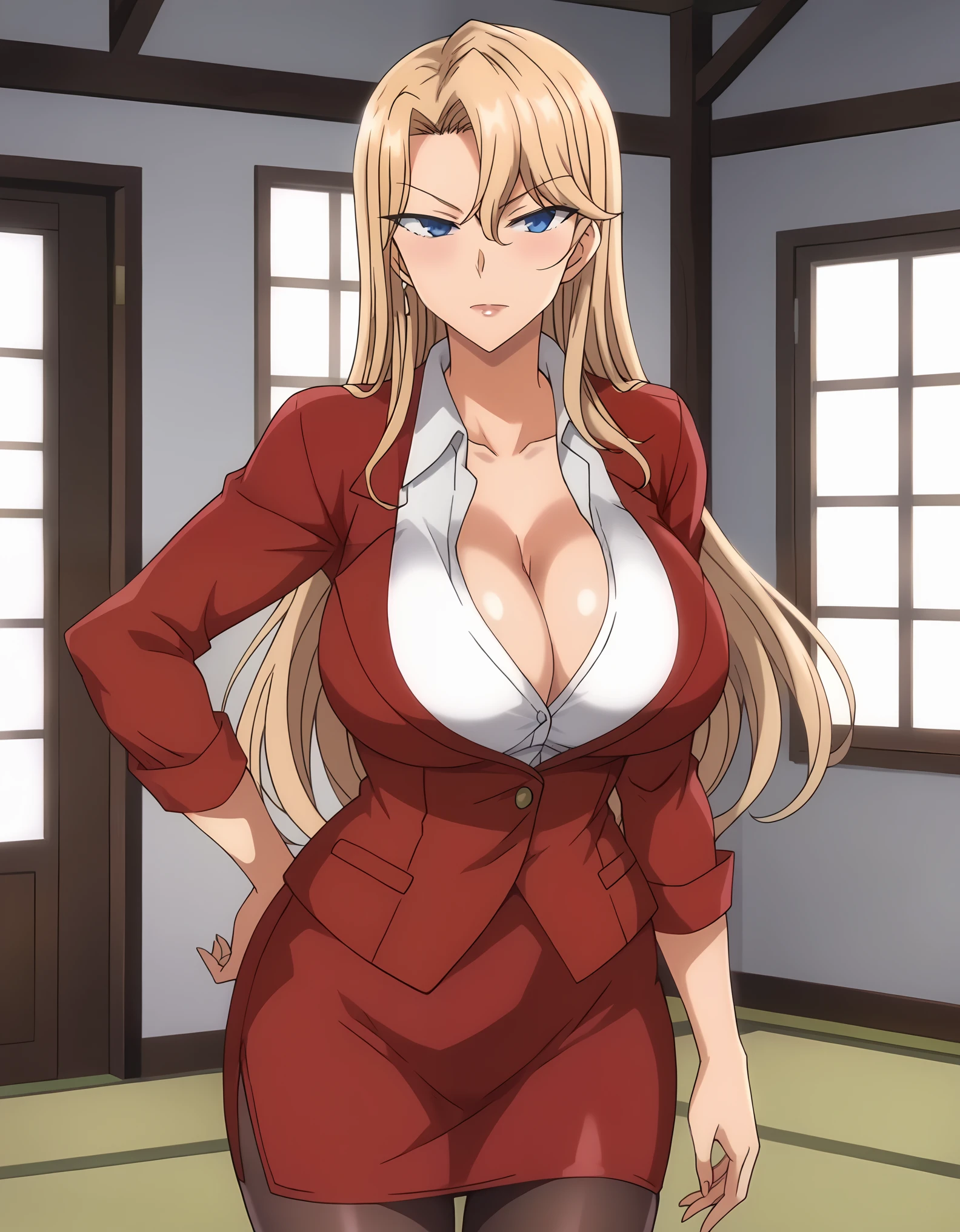 score_9, score_7_up, source_anime, anime screencap, BREAK 1female, ReikaKurashiki, blonde hair, long hair, blue eyes, (large breasts:1.3), long torso, red jacket, (collared shirt:1.1), collarbonea, (cleavage:0.7), red pencil skirt, pantyhose, sleeve cuffs, BREAK indoor, house, cowboy shot,