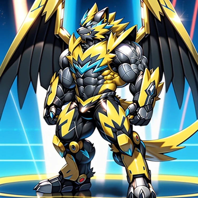 (Pokémon) Zeraora's giant robot.
Gigantic ZERAORA,
GIANT.
Protecting Zeraora's design and color scheme.

wears a black cloak on his back.

whole body shines like metal.
Wearing cyberpunk mecha, emphasizes the muscles.
He wears the same armor as himself from head to foot. (emphasizes the muscles.)
suit fully made of metal,
intricate armor, Robotic suit, suit fully made of metal, cyborg,

big muscle.
pecs, triceps,
body full of huge muscles.
unusually developed muscular body,
A Zeraora at the bodybuilding competition,
massive,
huge muscular bodybuilder with extraordinary biceps, pecs, triceps, traps, gigachad, 300 lbs.

The claws are sharp, Sharp teeth,
with huge golden laser sword,

metallic eagle shaped wings,
bulge in the crotch wears a small black string thong that reveals huge muscular thighs. (metallic color: jet black thong)