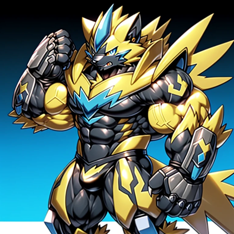 (Pokémon) Zeraora's giant robot.
Gigantic ZERAORA,
GIANT.
Protecting Zeraora's design and color scheme.

wears a black cloak on his back.

whole body shines like metal.
Wearing cyberpunk mecha, emphasizes the muscles.
He wears the same armor as himself from head to foot. (emphasizes the muscles.)
suit fully made of metal,
intricate armor, Robotic suit, suit fully made of metal, cyborg,

big muscle.
pecs, triceps,
body full of huge muscles.
unusually developed muscular body,
A Zeraora at the bodybuilding competition,
massive,
huge muscular bodybuilder with extraordinary biceps, pecs, triceps, traps, gigachad, 300 lbs.

The claws are sharp, Sharp teeth,
with huge golden laser sword,

metallic eagle shaped wings,
bulge in the crotch wears a small black string thong that reveals huge muscular thighs. (metallic color: jet black thong)