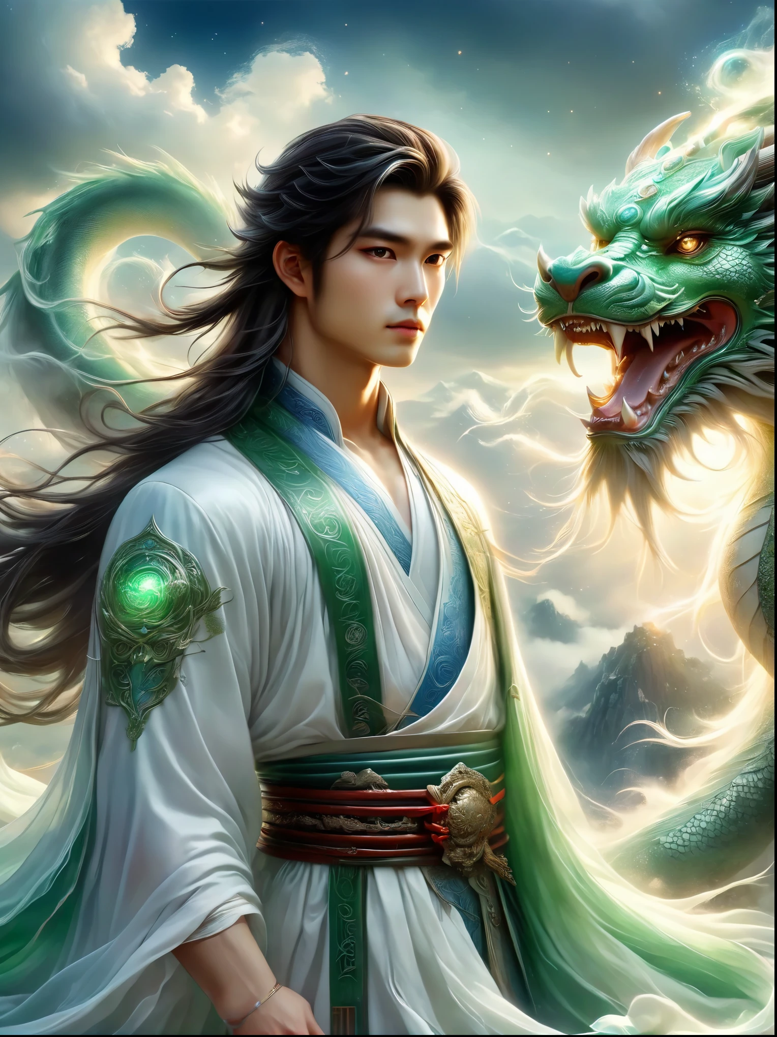 A strikingly handsome 20-year-old Chinese man with ancient long hair and delicate facial features stands atop a mountain peak shrouded in mist. Dressed in exquisite white clothes, he appears celestial, almost immortal. His left hand is raised above his head, clutching a shimmering luminous green orb. His figure faces away from the viewer, towards a gigantic mythical blue Chinese dragon that is emerging from the clouds of a looming storm. The setting sun hovers in the background, providing a sharp focus and perfect composition to this scene. Incorporate elements of absurdity and elegance with high detail and volumetric mist for an intricate, award-winning photo effect. Emphasize the details with high contrast and cinematic lighting, mimicking the high-resolution quality of a Fujifilm XT3. The image should simulate an 8k UHD quality with a grain of film effect for a captivating ultra-realistic rendering.