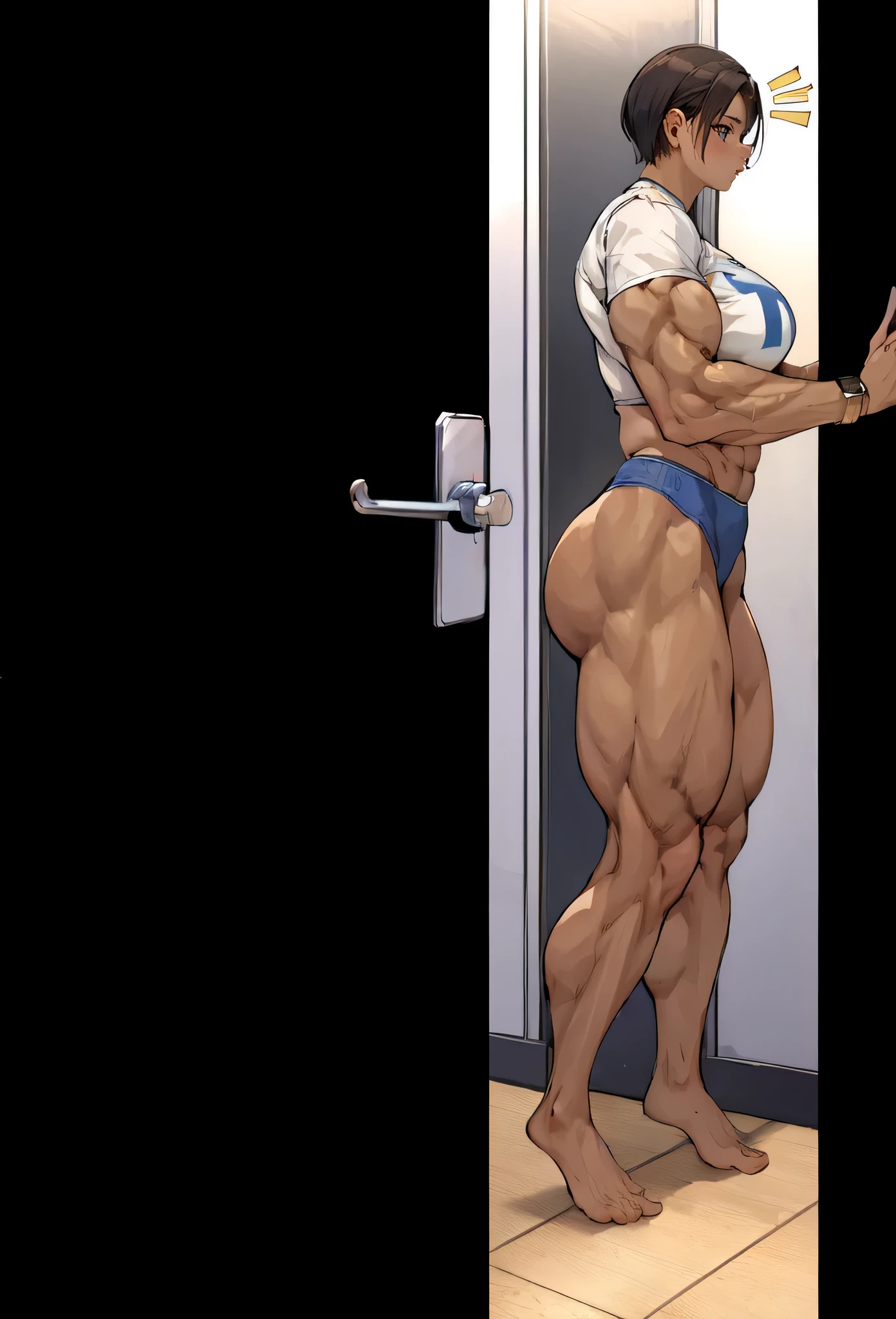 (masterpiece, best quality:1.2),girl, girl, ,muscular female, ,muscular thighs,calf muscle ,muscular,,thick thighs,lower body,(blue skin),fitting room,feet,hyper muscle,from side