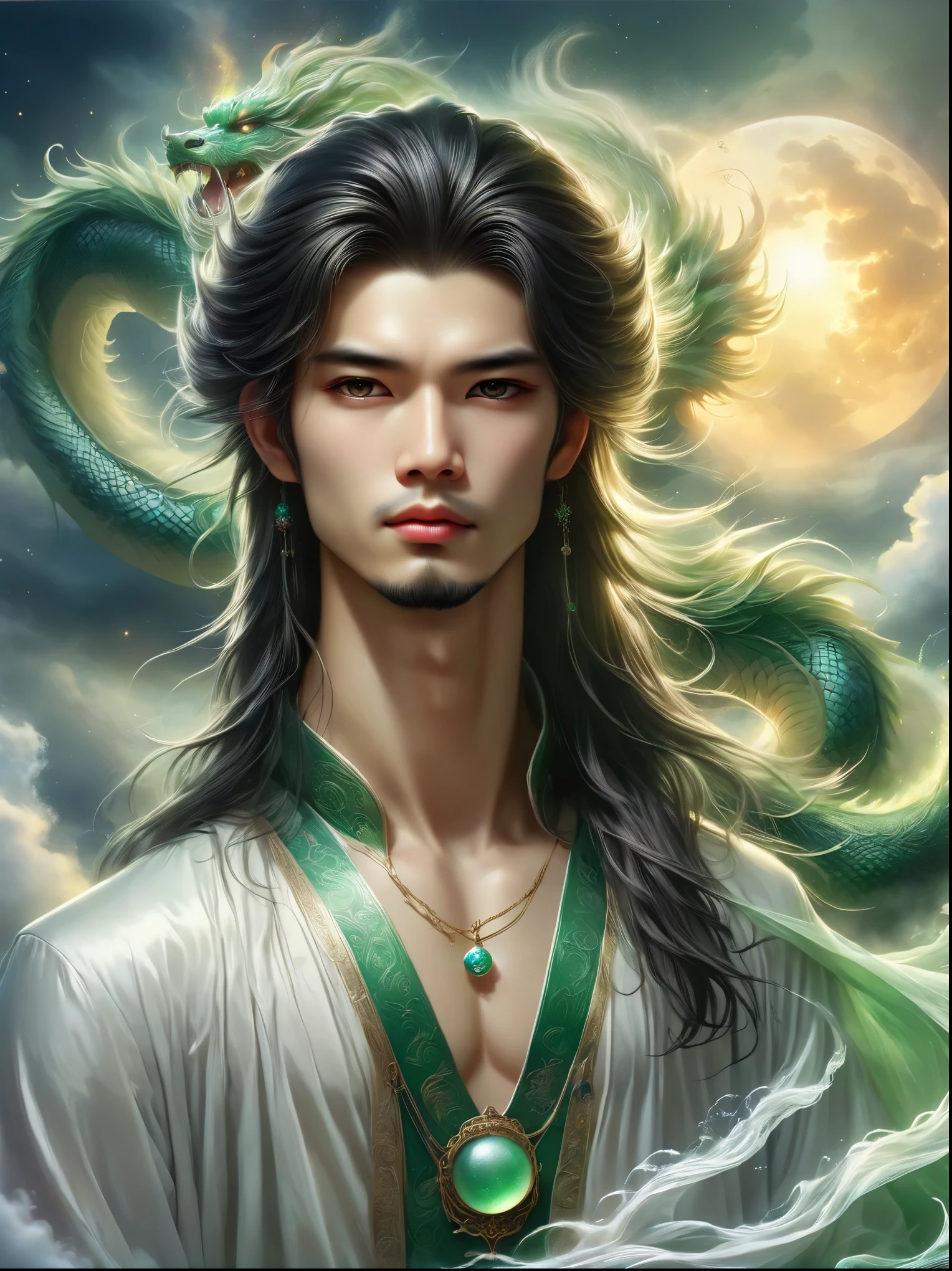 A strikingly handsome 20-year-old Chinese man with ancient long hair and delicate facial features stands atop a mountain peak shrouded in mist. Dressed in exquisite white clothes, he appears celestial, almost immortal. His left hand is raised above his head, clutching a shimmering luminous green orb. His figure faces away from the viewer, towards a gigantic mythical blue Chinese dragon that is emerging from the clouds of a looming storm. The setting sun hovers in the background, providing a sharp focus and perfect composition to this scene. Incorporate elements of absurdity and elegance with high detail and volumetric mist for an intricate, award-winning photo effect. Emphasize the details with high contrast and cinematic lighting, mimicking the high-resolution quality of a Fujifilm XT3. The image should simulate an 8k UHD quality with a grain of film effect for a captivating ultra-realistic rendering.