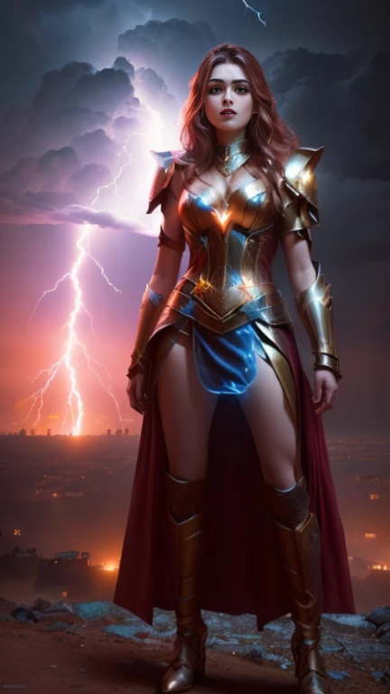 a woman in a costume standing on a hill With Lightning in the background, Goddess of Thunder, wearing thunder armor, Maya Ali as the Lightning Magician, She's attracting lightning, Lightning Fantasy Magic, Fantasy Character Pictures, Lightning flashes behind her, Lightning in the movie, Female lightning Jenasi, Magnificent lightning, With Lightning, amouranth as a super villain
