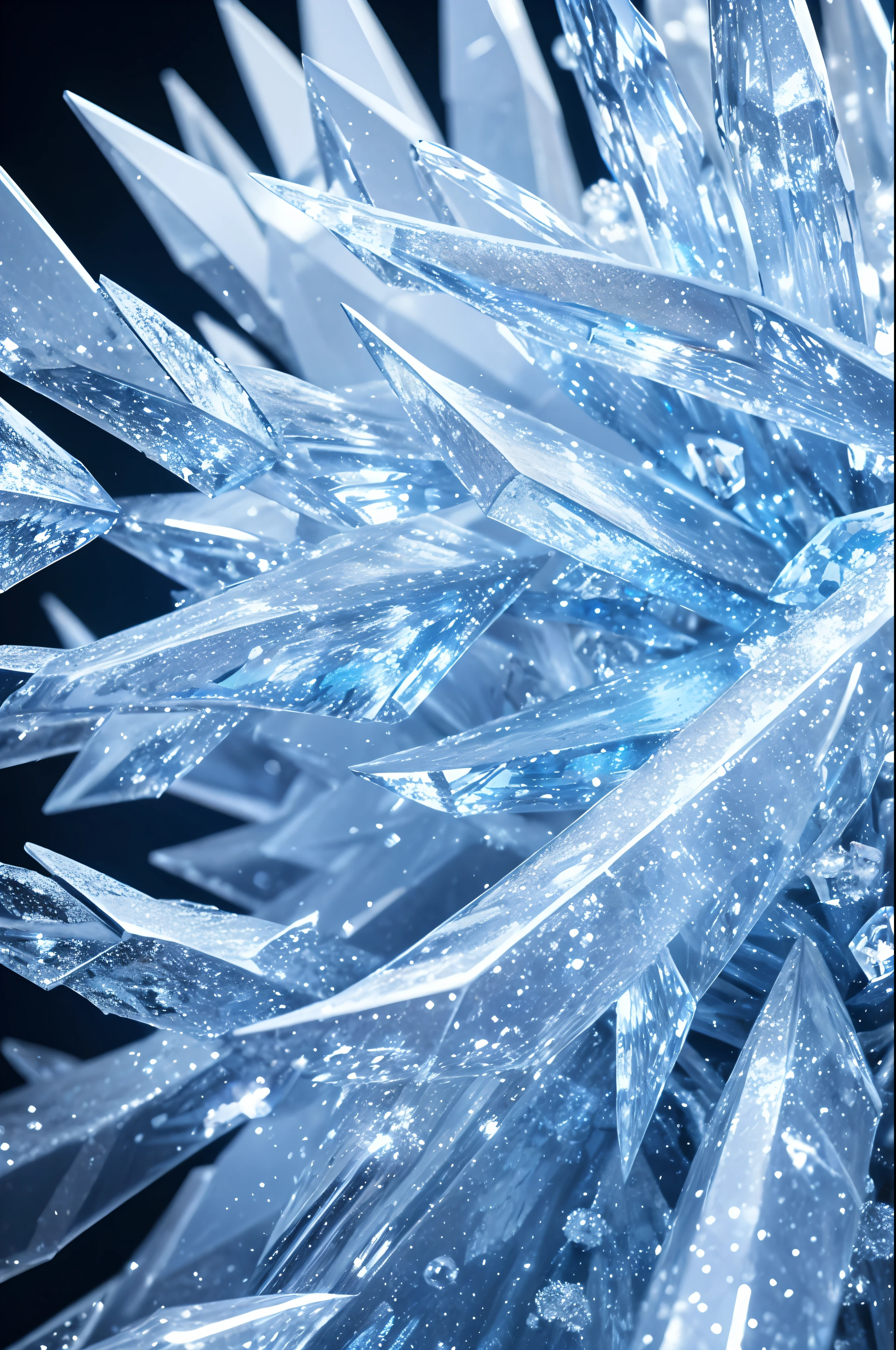 Close-up of a tree, Highly detailed mini ice spikes and crystals, Ice waterfall as background, Light reflected in ice crystals, Fluttering snowflakes.